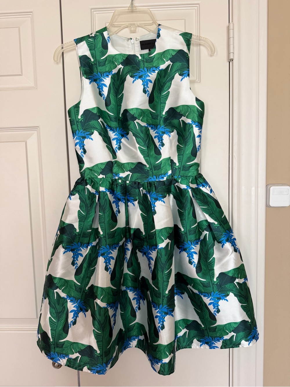 Blaque Label White Dress with Green Banana Leaf and Blue Floral Print